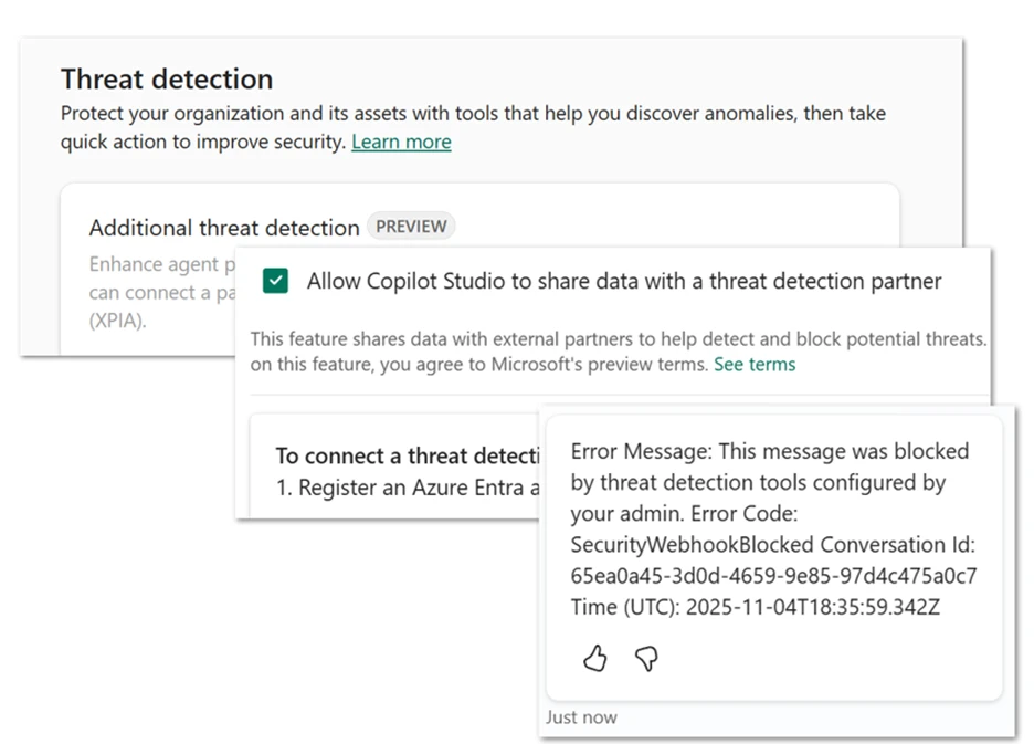 Screenshot of Copilot Studio&rsquo;s real-time threat detection blocking a message to an agent.