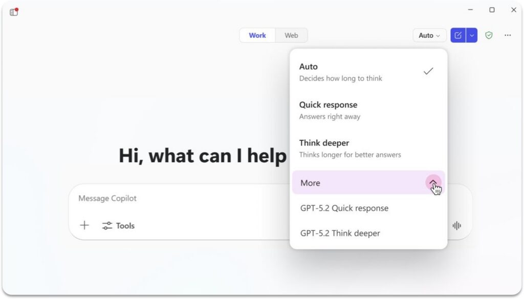 Screenshot showing GPT-5.2 options in Agent Builder in M365 Copilot