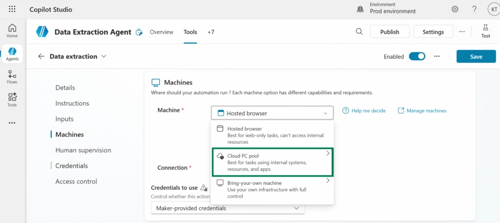 The &ldquo;Machines&rdquo; tab in a computer-using agent, showing drop-down options for hosted browser, Cloud PC pool, or bring-your-own machine. The Cloud PC pool&nbsp;option&nbsp;is highlighted.