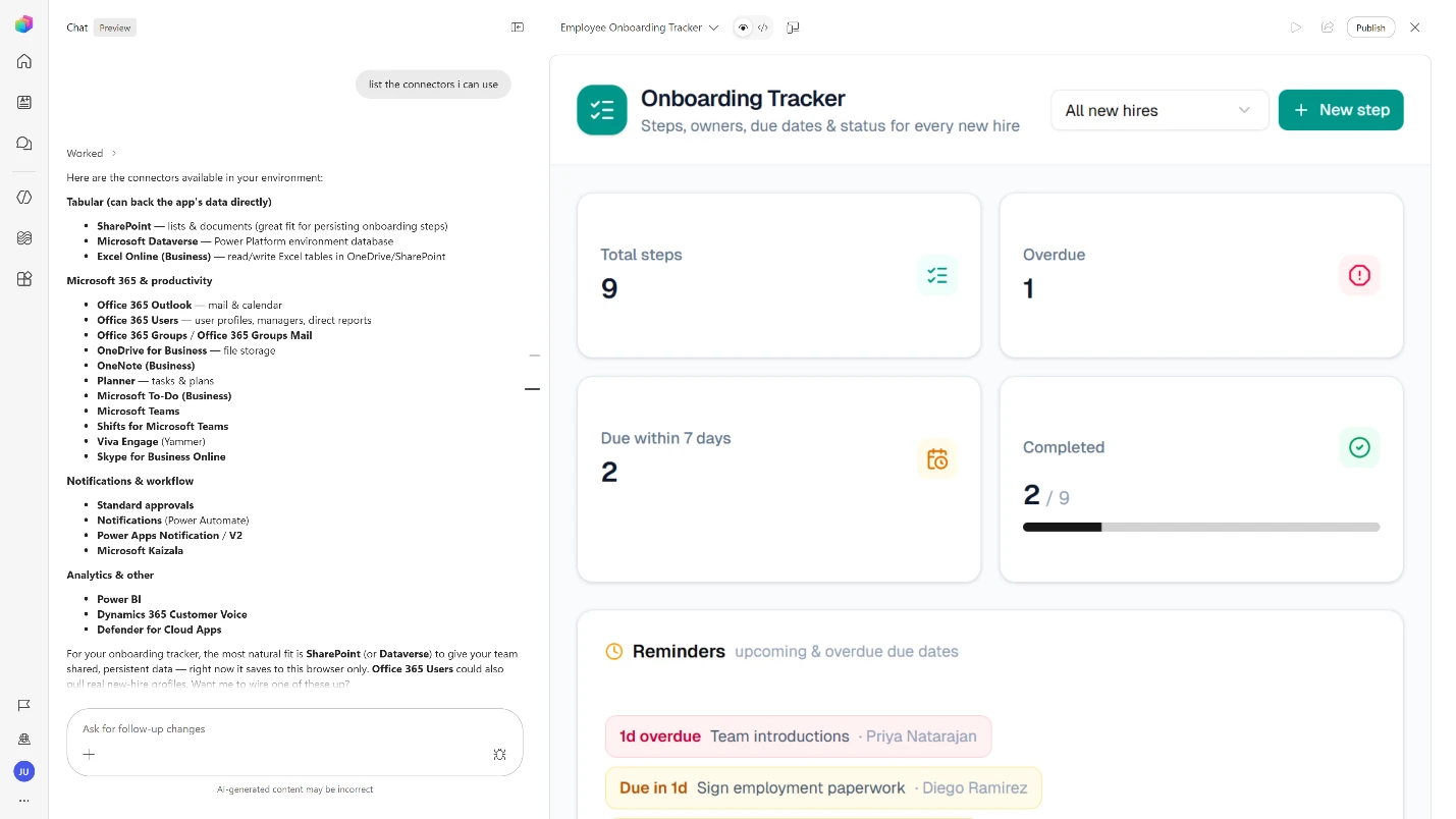 The image shows a user interface for the Employee Onboarding Tracker, a tool to manage onboarding steps, due dates, and statuses for new hires, with various connectors for different Microsoft services.

AI-generated content may be incorrect.