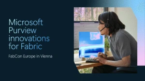 Image of person on computer with text on the left side reading "Microsoft Purview innovations for Fabric. Fabcon Europe in Vienna."