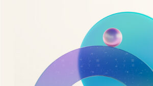 Abstract 3 D shapes, including a sphere and other circular shapes.