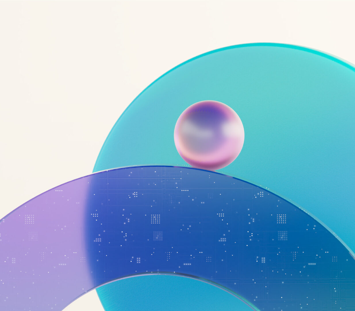 Abstract 3 D shapes, including a sphere and other circular shapes
