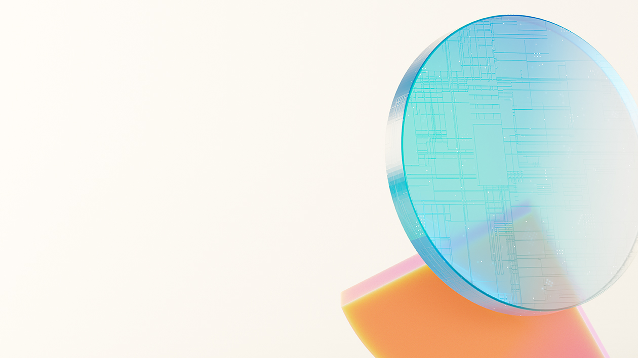 Abstract 3 D shapes, blue circle, orange wedge