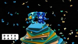 Two cheerful, A I generated cartoon robots, one labeled S Q L, standing on colorful stacked tiles with confetti falling, promoting Data Days 2026.