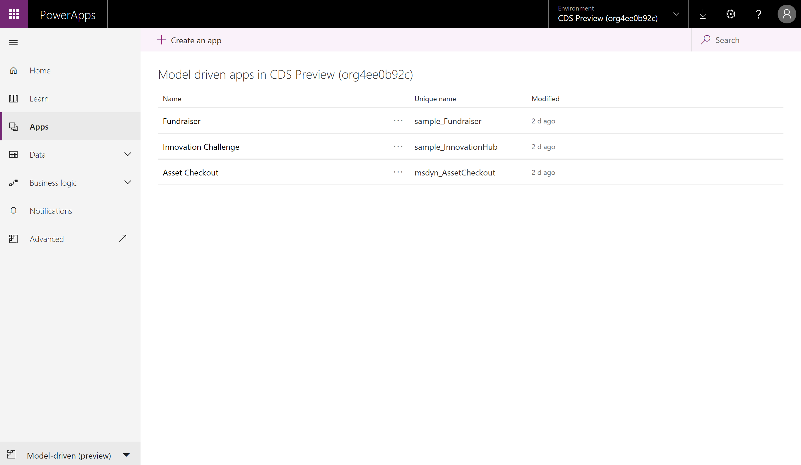 Model-driven mode Apps list image