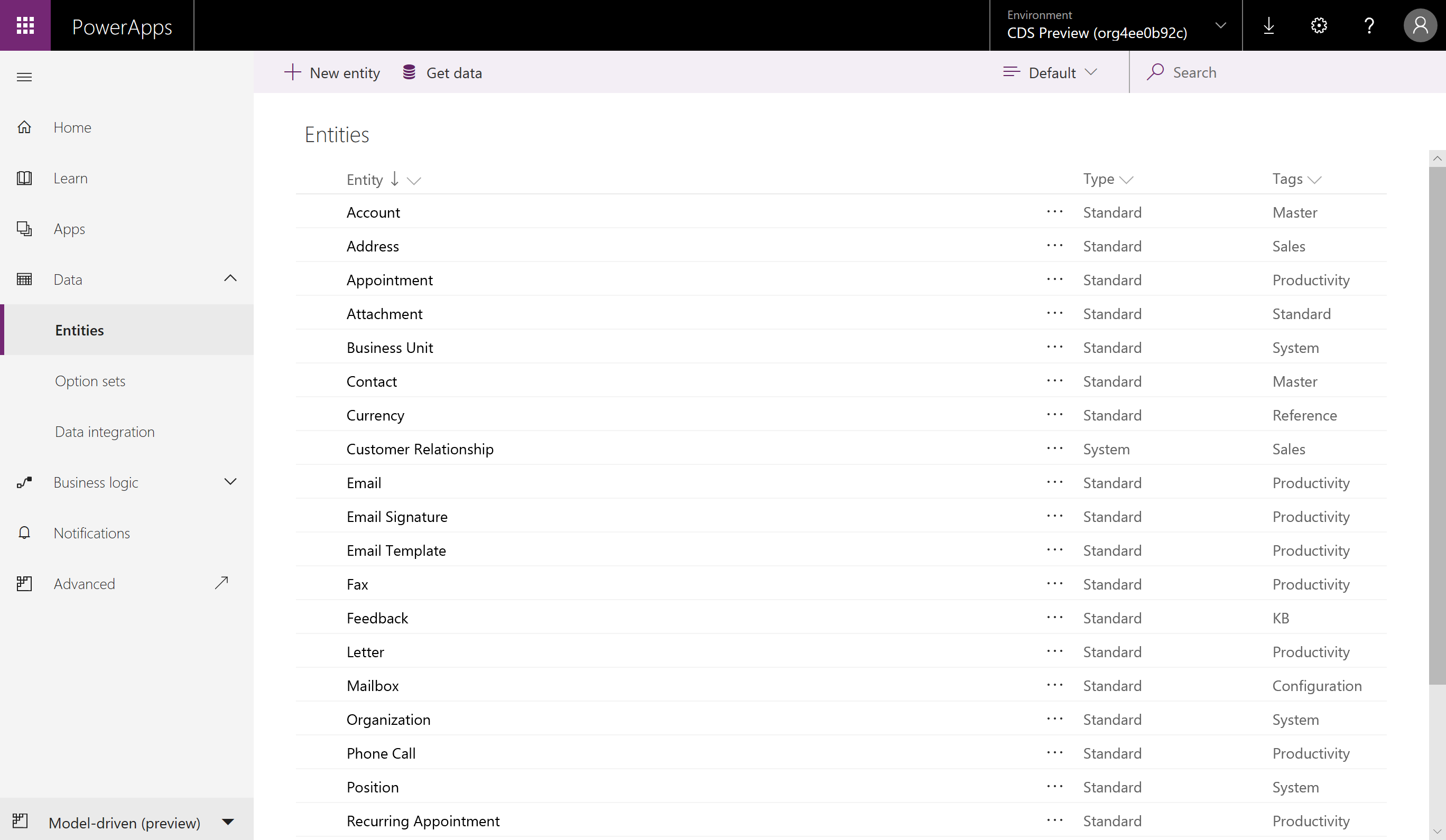 Model-driven Entities list image