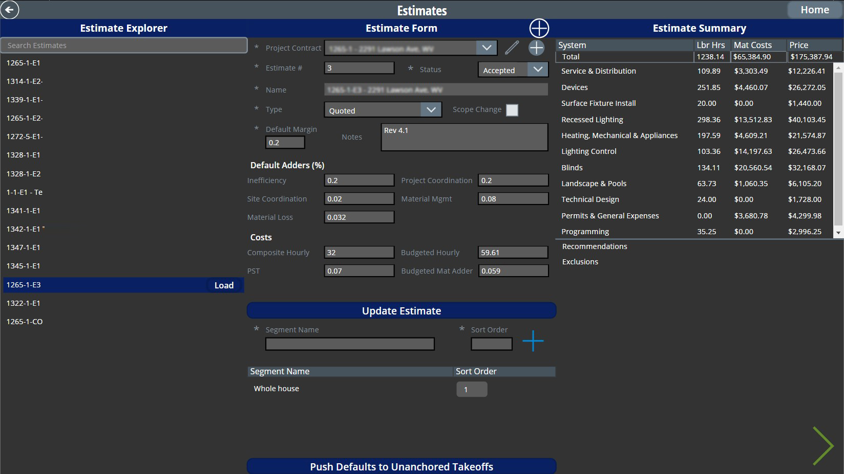 Work order estimator app screenshot