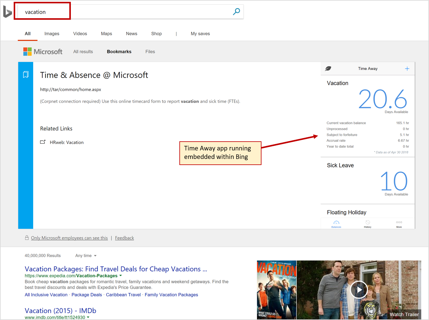 Screenshot with Thrive Time Away app running embedded in Bing