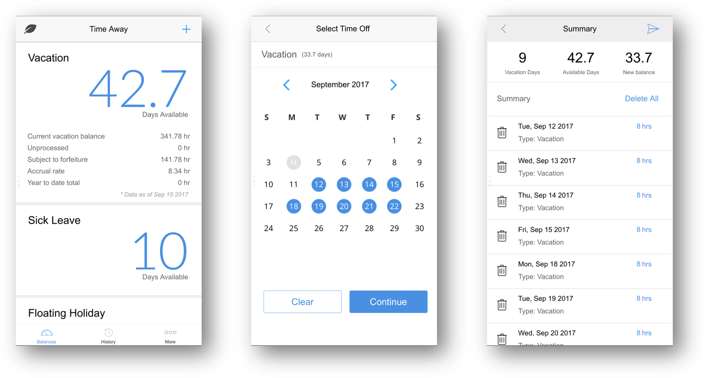 Screenshots of Microsoft Thrive Time Away app