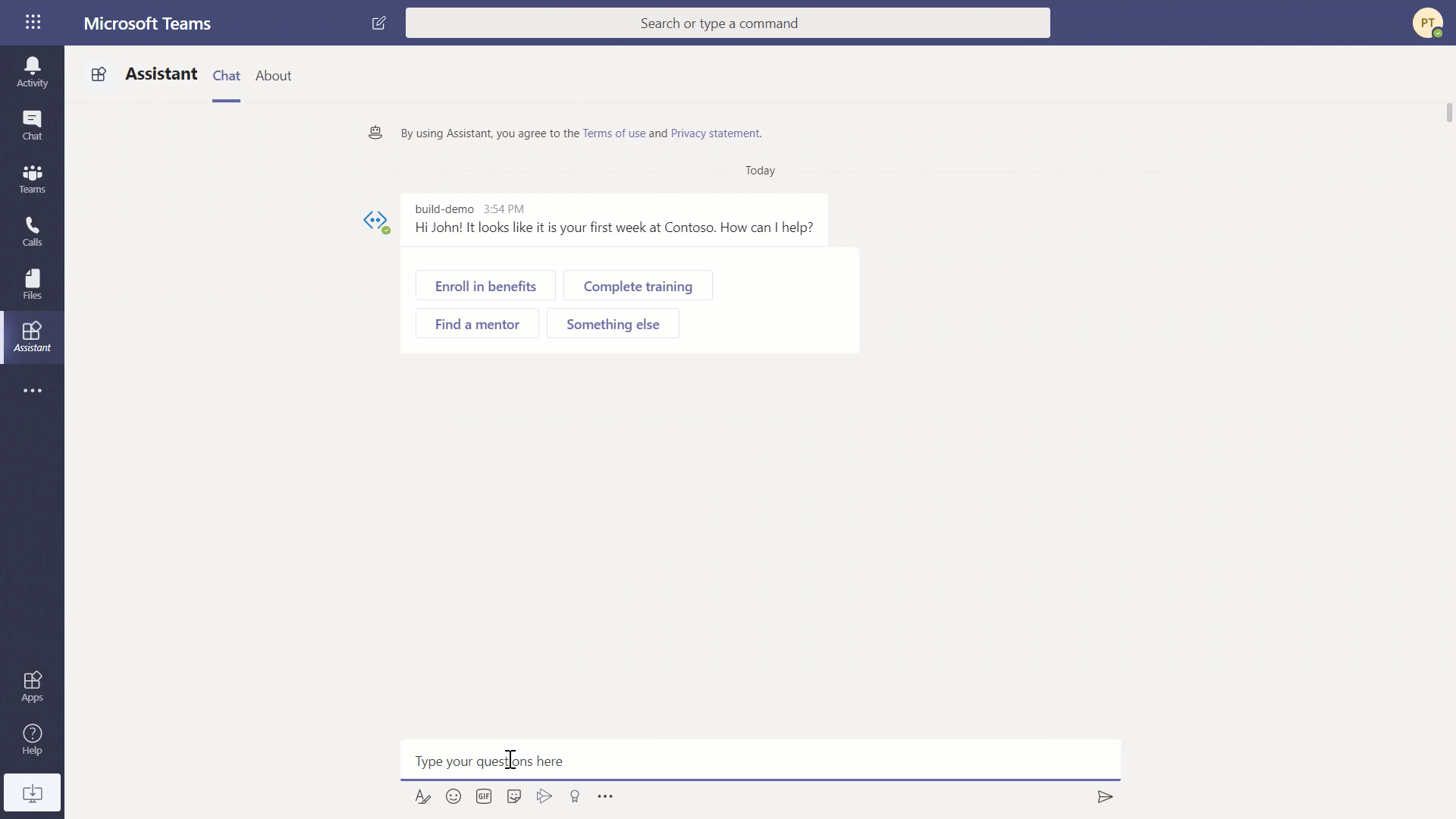 Demonstration of Power Virtual Agents with Teams.