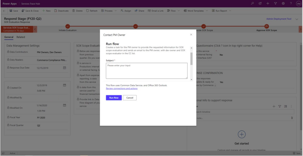 Screenshot of Contact PM Owner flow dialog box, where Compliance PM can enter additional information that should be included in the email that will be sent out when the flow runs