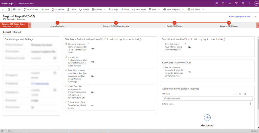 Screenshot of a response submitted by Engineering PM. Compliance PM reviews this response & proceeds to update the fields in the stages named “Decide SOX Scope” & “Approve SOX Scope”.