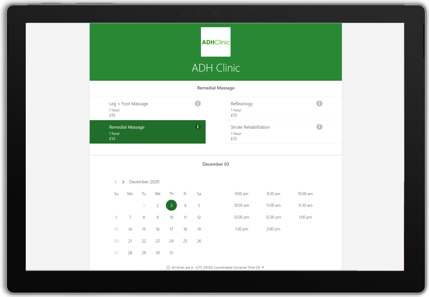 Screenshot of Microsoft Bookings page to schedule appointments