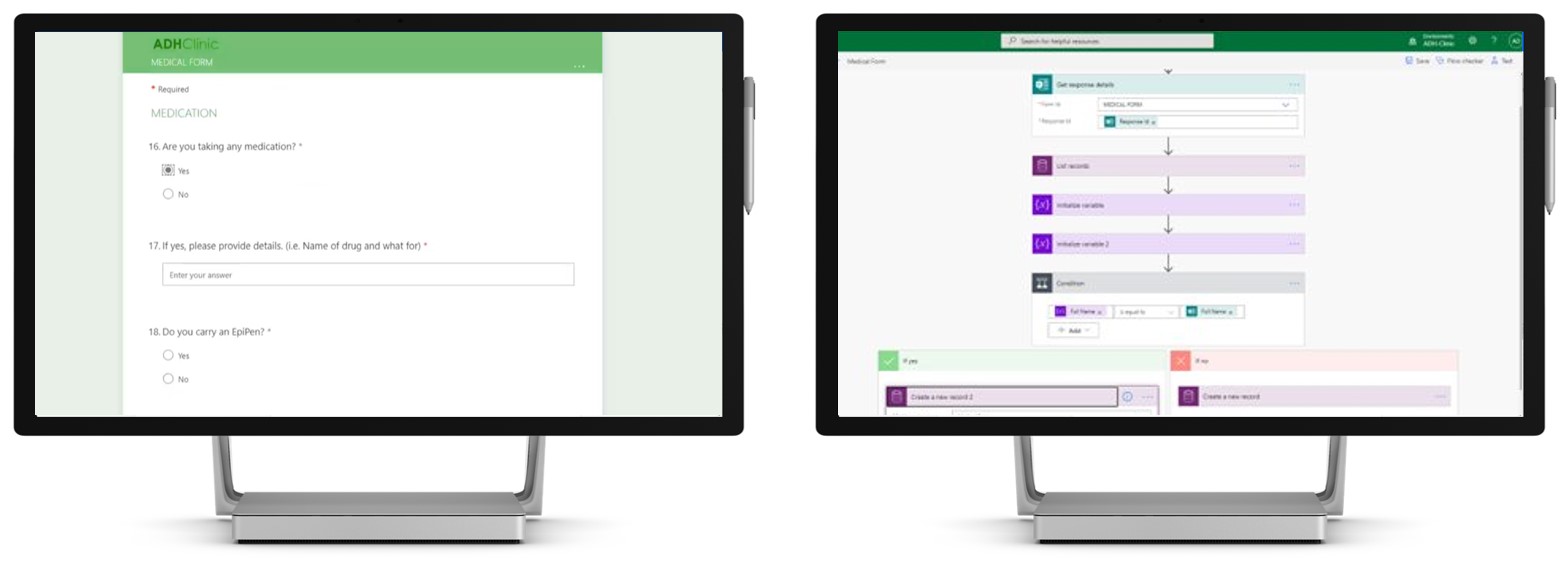 Screenshot of Microsoft Forms form for patient intake and Power Automate cloud flow for adding data into Dataverse
