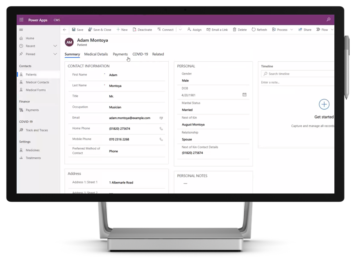 Screenshot of Power Apps model-driven app used to manage patient information