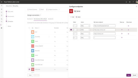 New Power Platform admin center endpoint configuration for data loss prevention. 