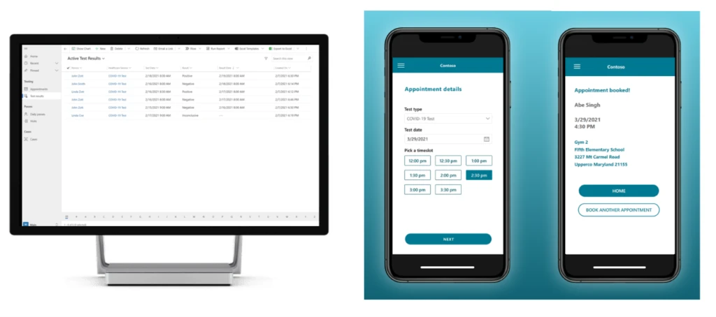 Model-app showing test result-form view and Portal showing journey to book a test appointment