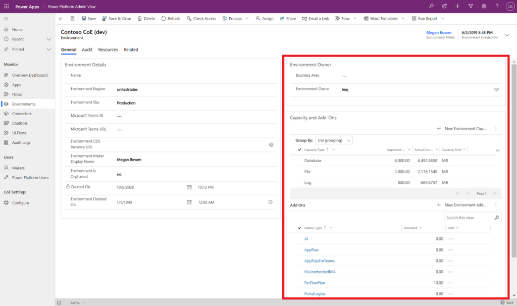 CoE Starter Kit - Capacity and Add On information in the Power Platform Admin View
