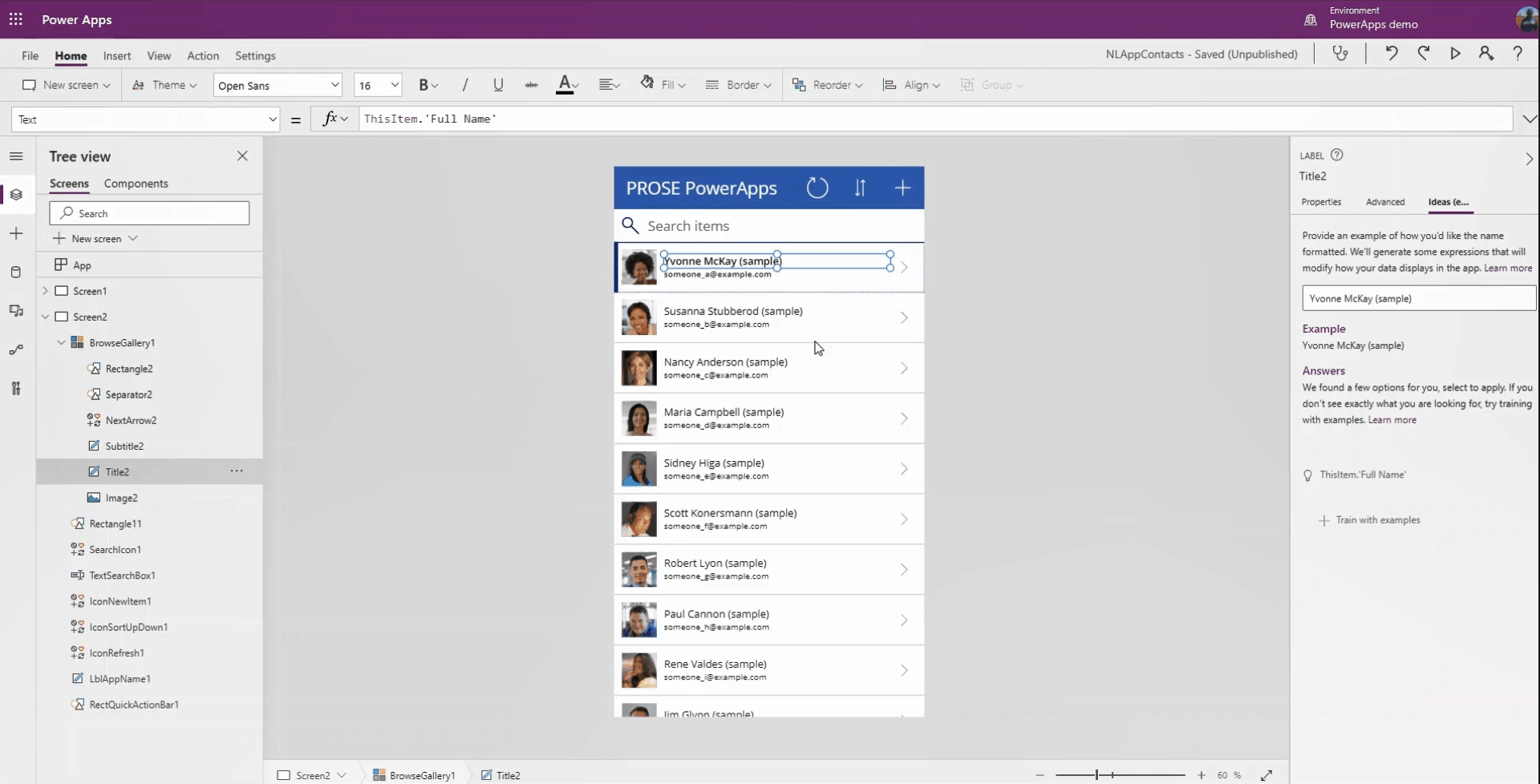 An example of how PowerApps generates Power Fx formula based on an example