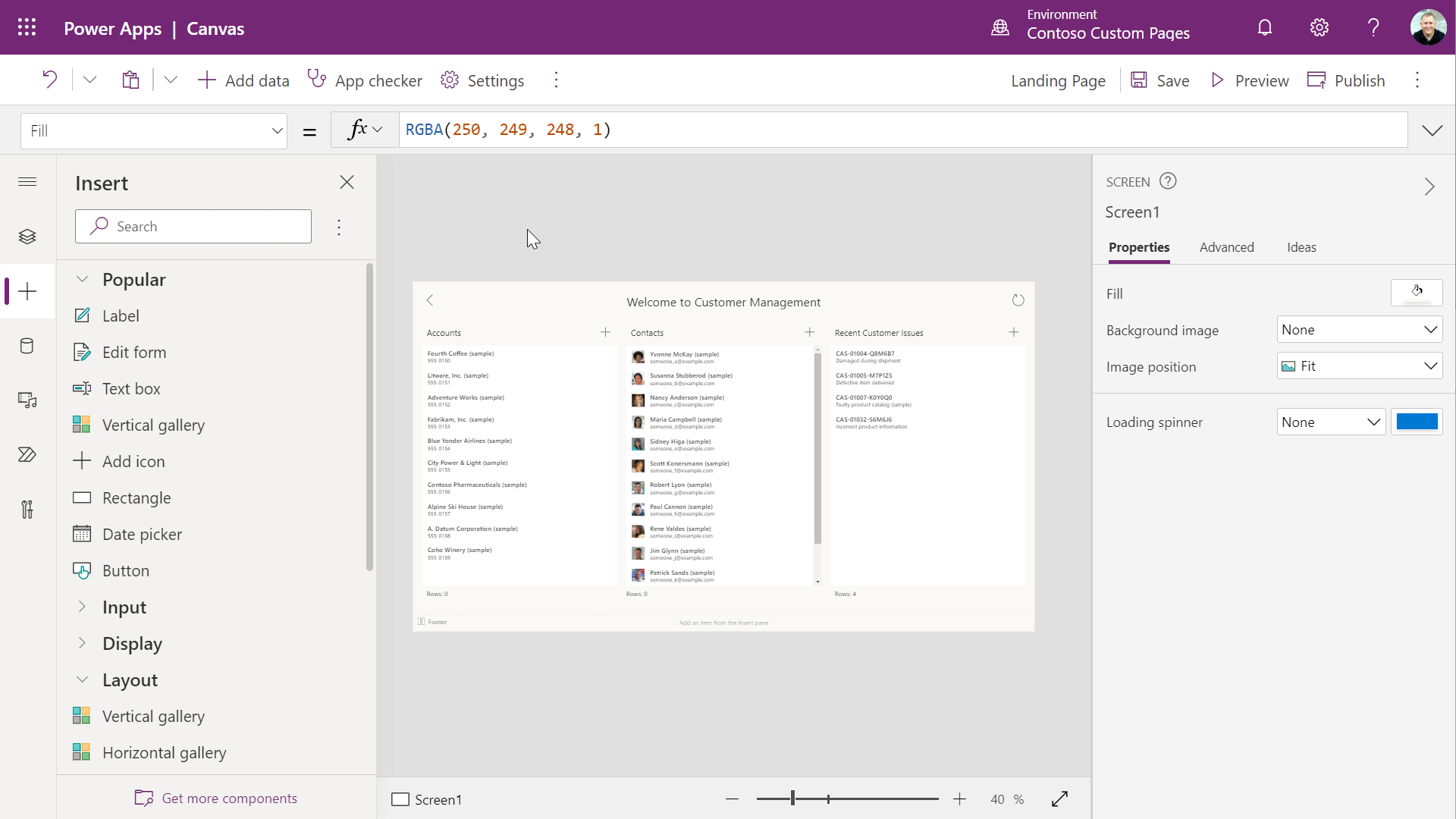 Canvas designer authoring custom page using simplified commanding
