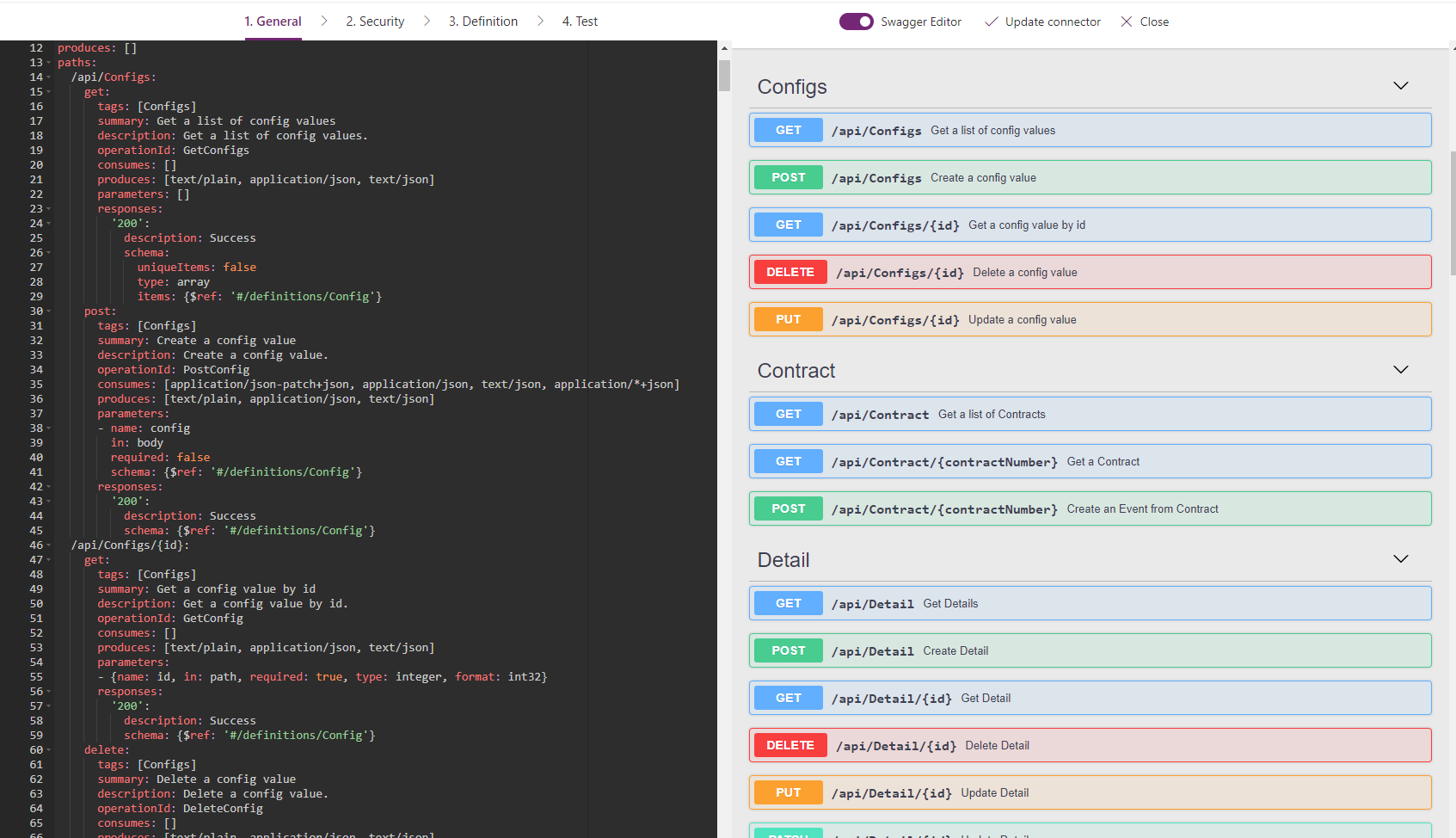 Screenshot of Swagger definition for custom connector