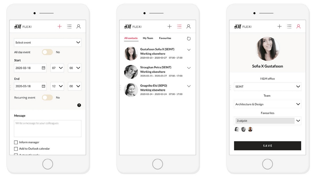Screenshots of mobile app for tracking flexible hours.