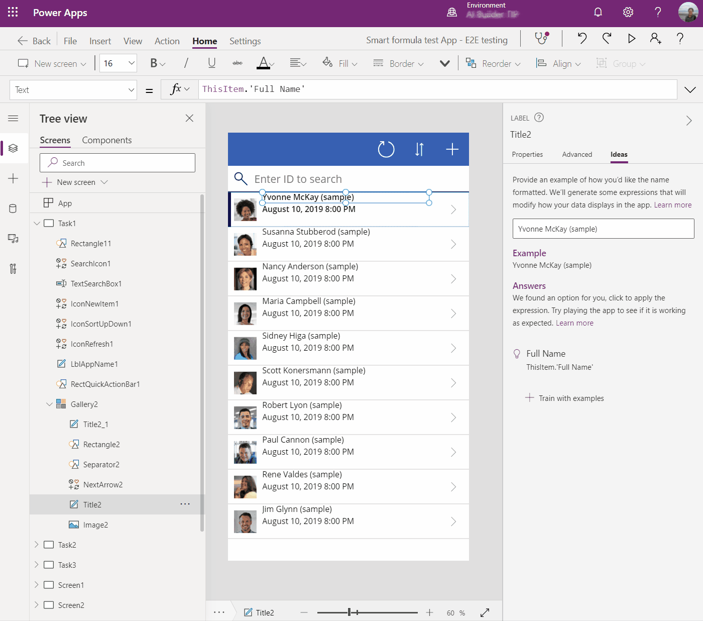 Power Apps Studio showing generating Power Fx code by providing examples