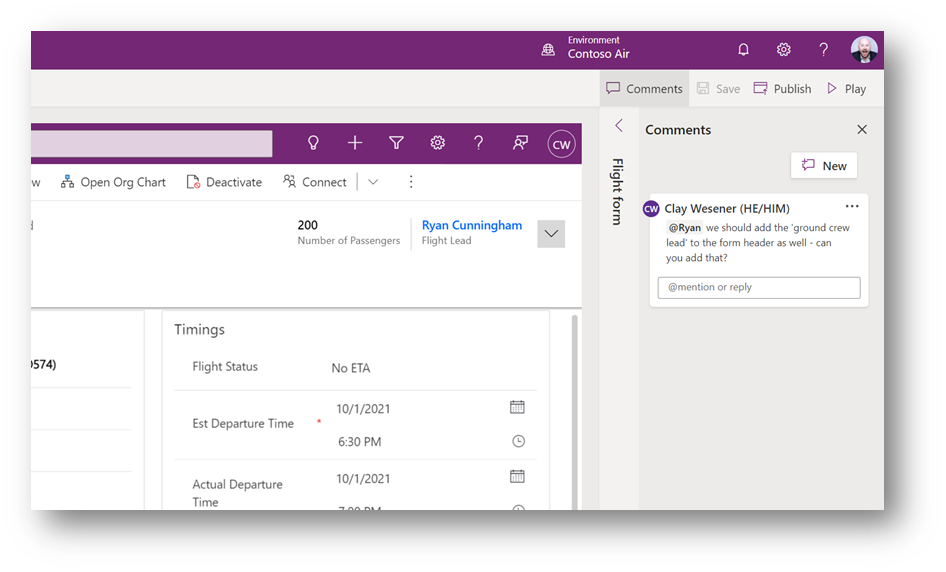 Screenshot of Modern App designer with an Office style comment added