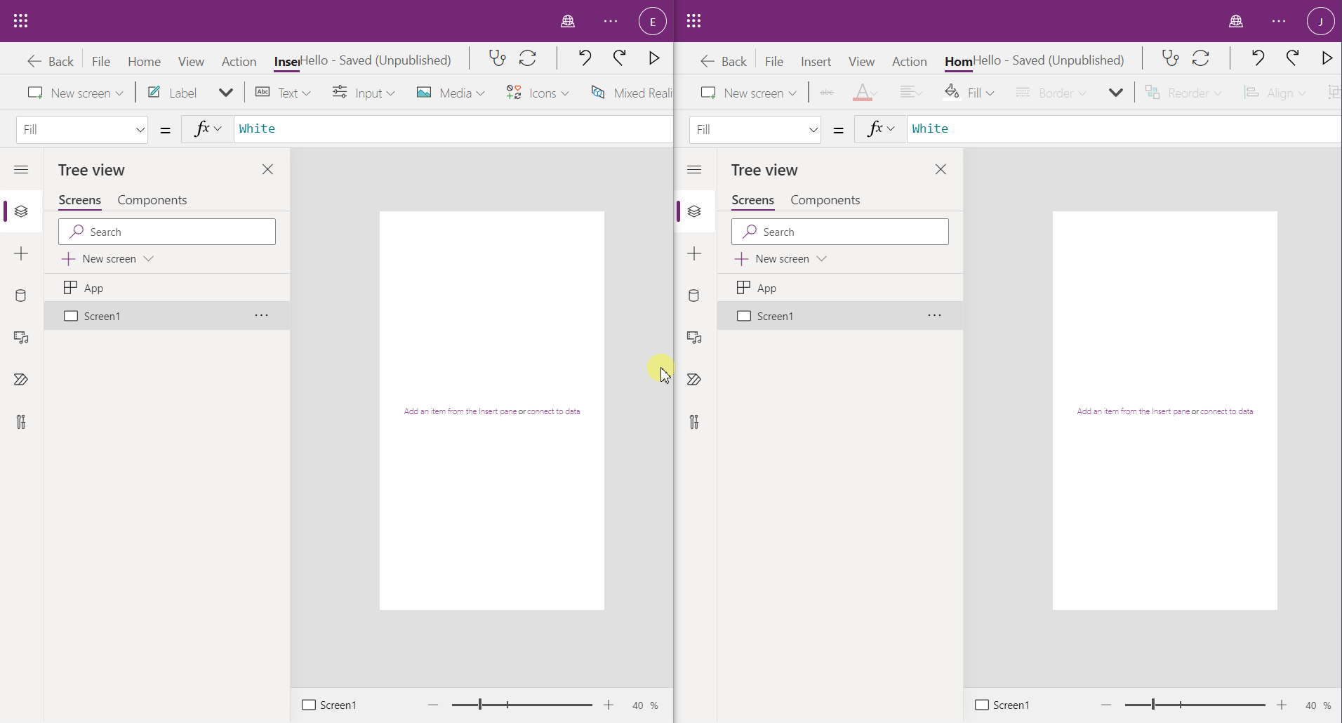 Side by side of two studio sessions making updates to a single Power App