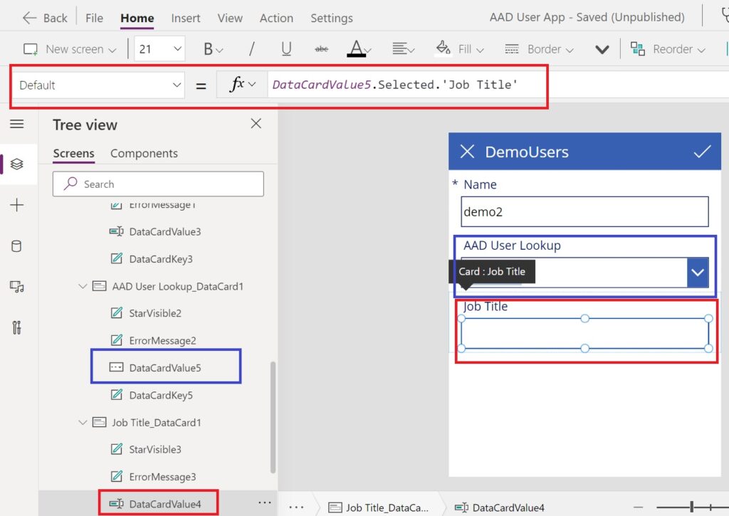 A screenshot showing how to build a formula to populate a text field with a job title based on the selection of a user in the AAD User lookup.