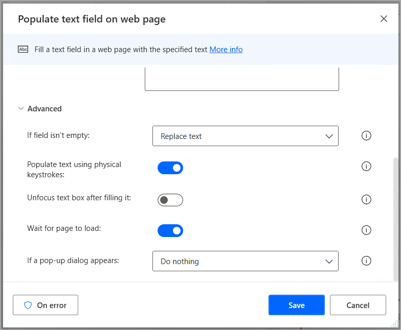 Physical keystrokes in populate text field on web page action