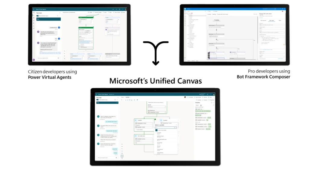 Microsoft Power Virtual Agents and Microsoft Azure Bot Framework composer combined to create Microsoft&rsquo;s evolved conversational bot authoring canvas.