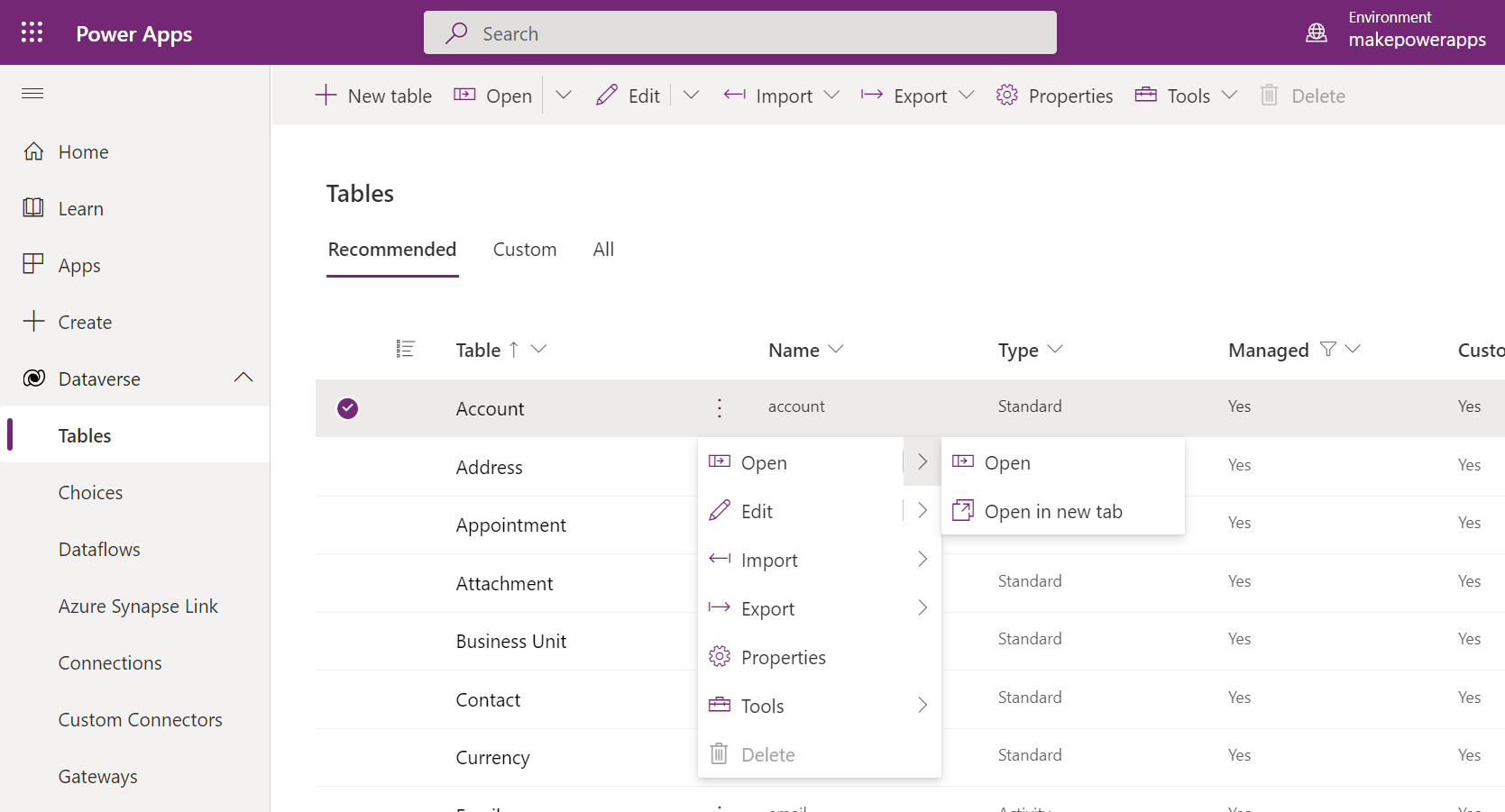 Table list with menu open