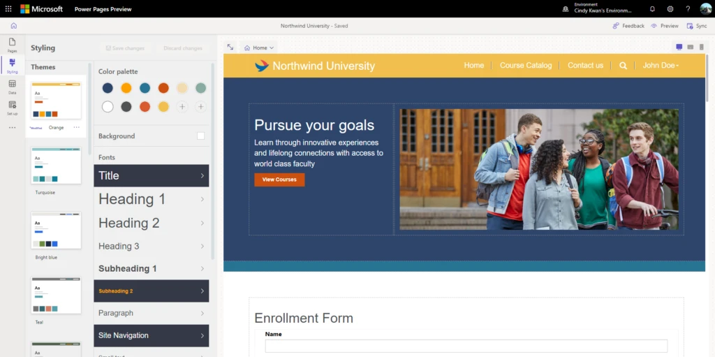 Styling workspace showing different color palettes and font styles.