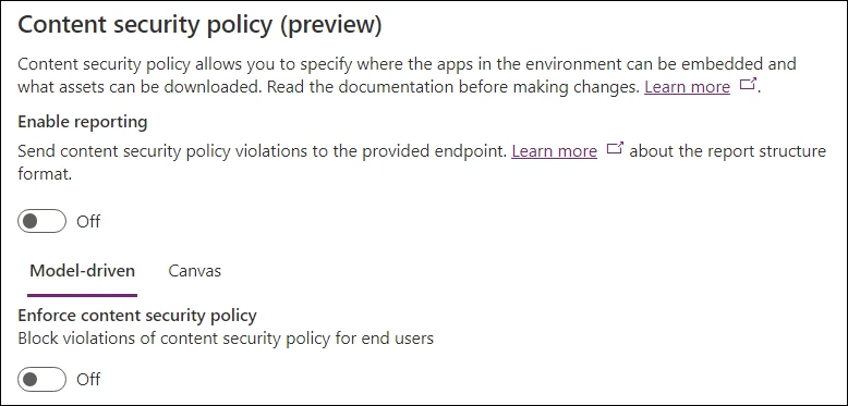 Content security policy setting in Power Platform Admin Center