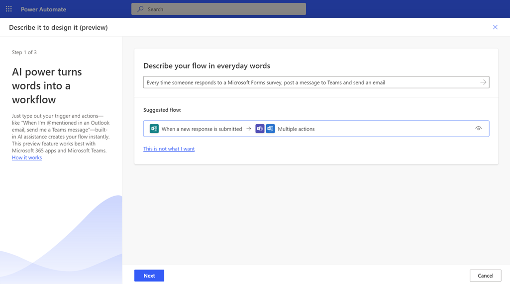Screen where a user has typed a description of a scenario to automate, and a suggested flow generated by AI is shown.
