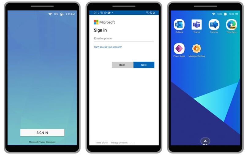 Three mobile device screens showing "Sign In," then a user login screen, then a mobile phone home screen with multiple Microsoft applications.