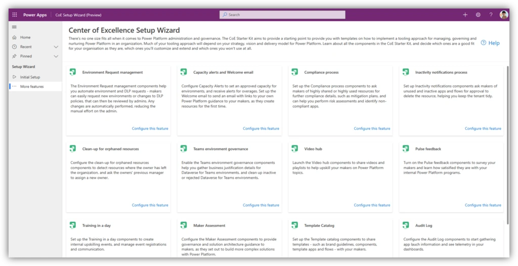 A screenshot of the CoE starter kit setup wizard on the step where you can decide which features you want to configure - you can choose between compliance components, inactivity components, nurture components etc. 