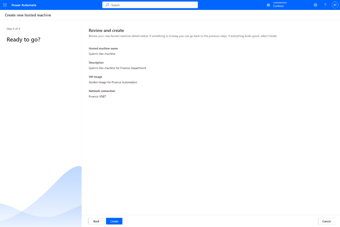 Creating hosted machines in the Power Automate web portal.
