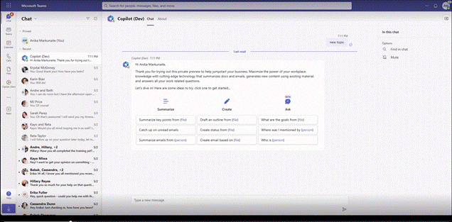 Gif demonstrating Microsoft 365 Copilot in action, pulling answers to user queries from Dataverse stored data.