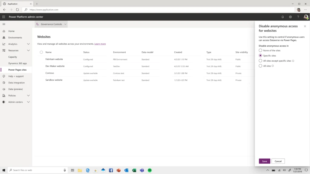 Indicative screenshot showing the options that admins can select for disabling anonymous access to websites in their tenants