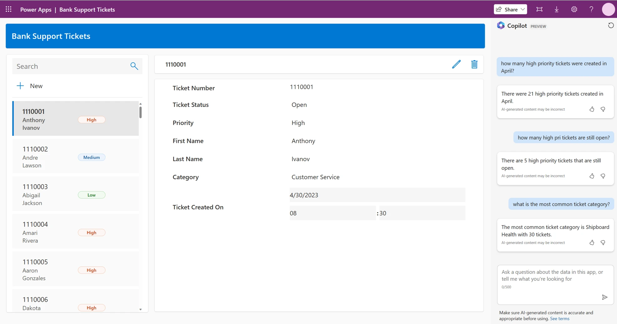 Screenshot of Copilot for app users in canvas apps