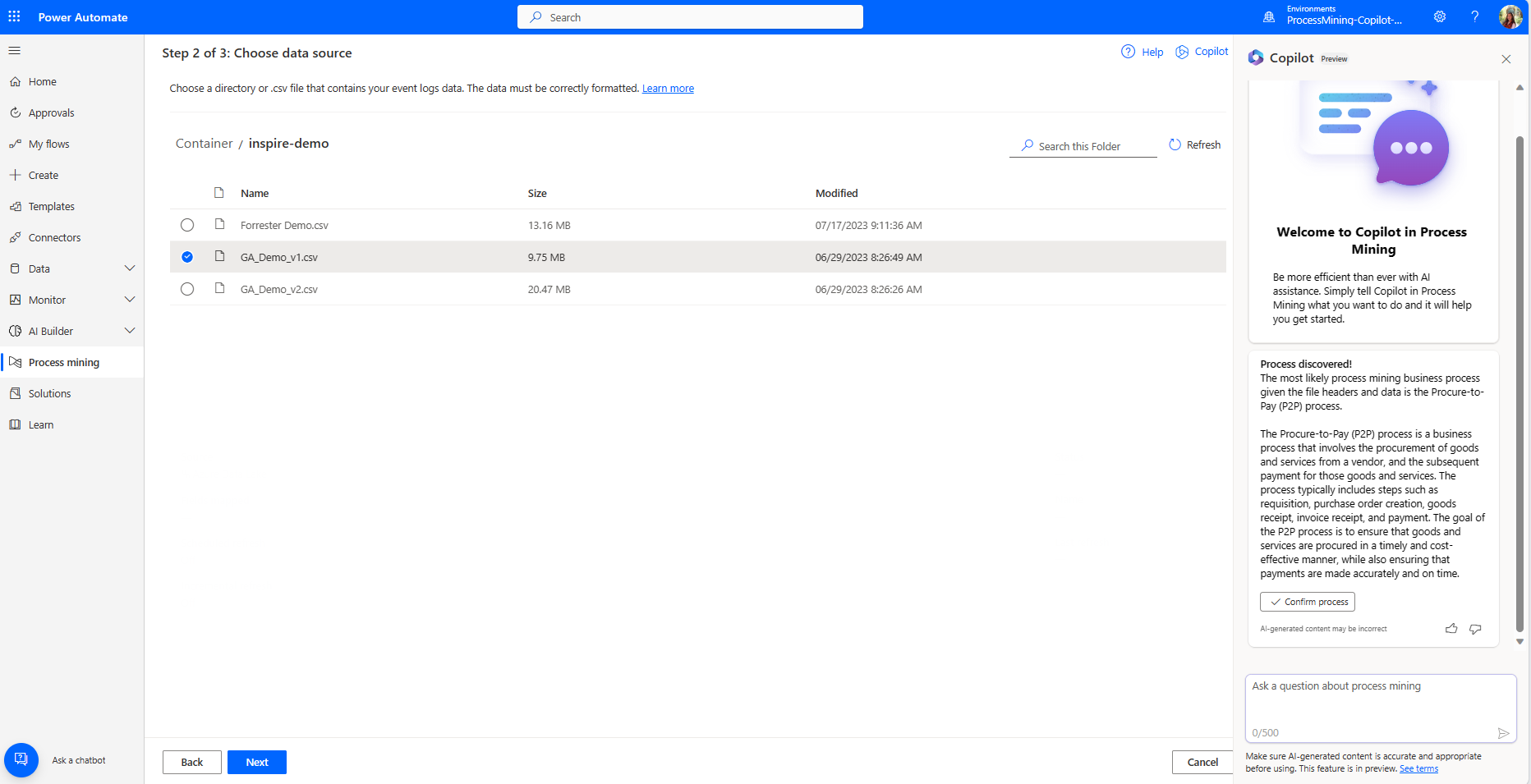 Web portal for Process Mining, file selection highlighted with Copilot card describing the process as “Process discovered! The most likely process mining business process given the file headers and data is the Procure-to-Pay (P2P) process. 