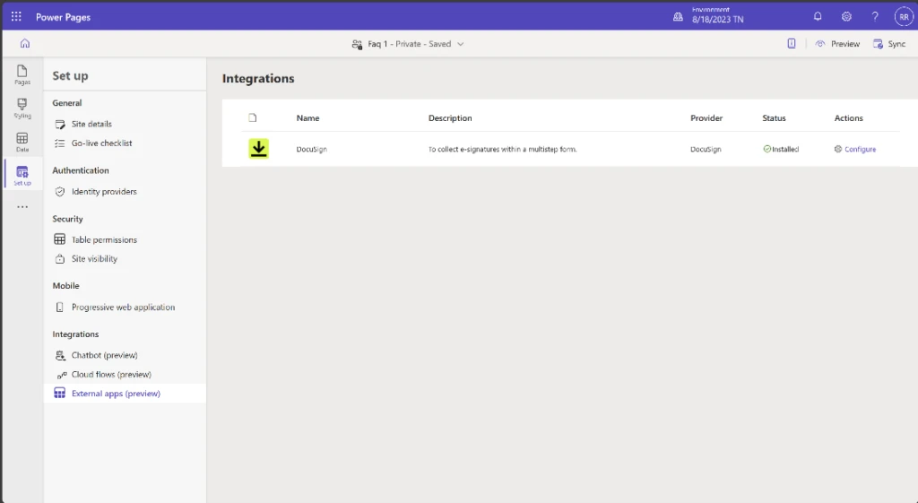 Screenshot showing installing the DocuSign package to enable DocuSign interoperation.