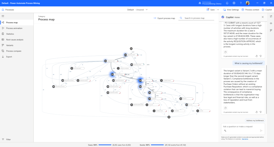 Desktop application representing a process map with activities and sequence lines of those activities. Copilot has summarized the top statistics for the process following the “Provide the top insights” prompt given to Copilot.