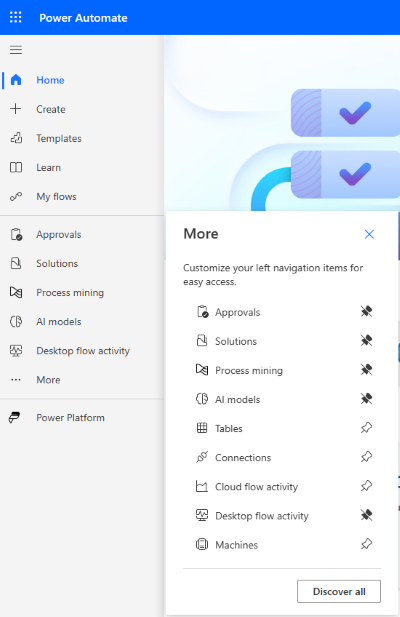 Left Navigation showing quick access to all features in Power Automate within the More menu or Discover page.