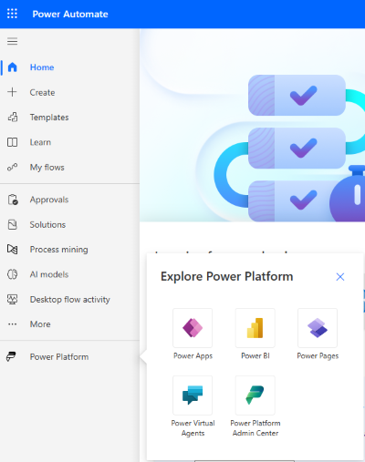 Left navigation showing quick access to all Power Platform products