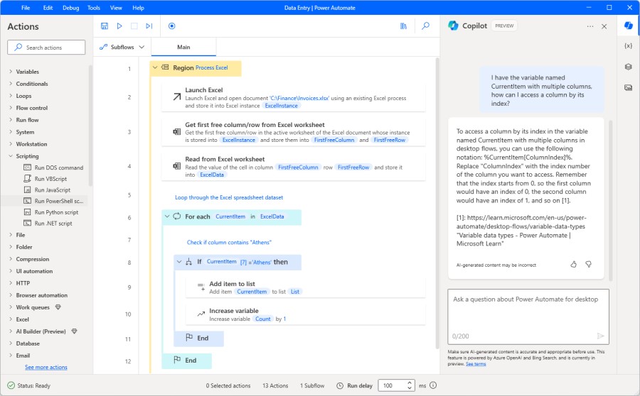 This image illustrates the Power Automate for desktop designer window with the Copilot pane opened on the right side of the screen. The user has asked a question about running a PowerShell script and Copilot has provided instructions.