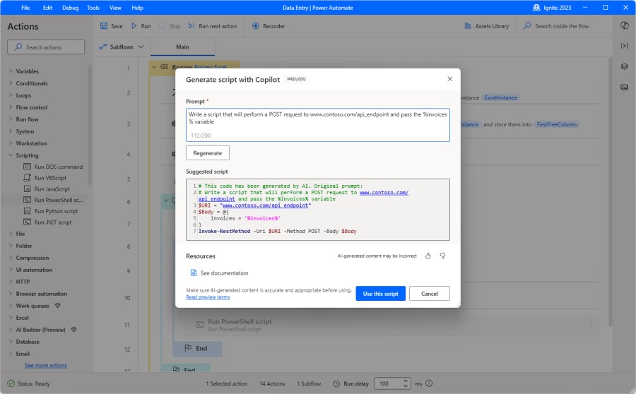 The Run PowerShell action dialog that illustrates the user’s prompt and the generated script from Copilot.